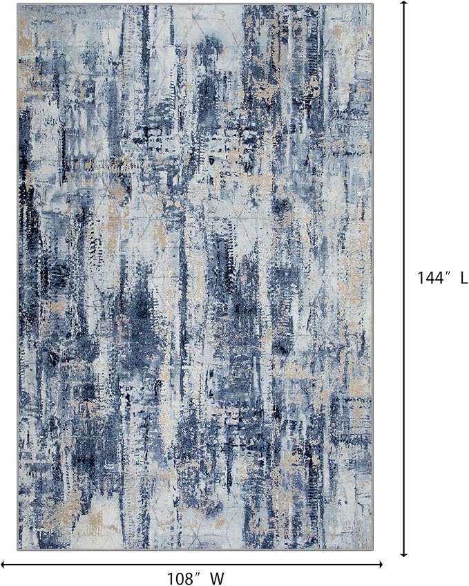 9x12 Area Rugs for Living Room: Washable Abstract Blue Gold Badroom Carpet | Non-slip TPE backing makes this washable soft low-pile rug safe & durable, Pet-friendly decor for dining room,nursery,office