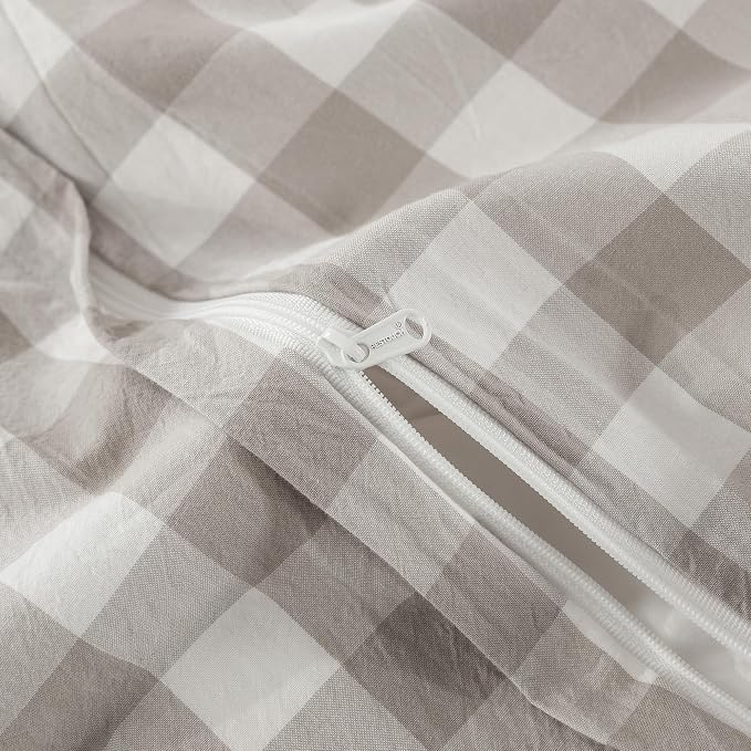 BESTOUCH Gingham Cotton Duvet Cover Set Linen Grey Twin | Washed Cotton, Linen Feel, Soft Wrinkle Texture, Hidden Zipper, 8 Ties, Breathable Lightweight Durable Comfy, 2 Pcs No Insert