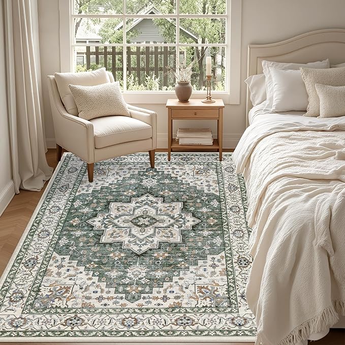 5x7 Area Rugs Living Room: Washable Rug for Bedroom Green Ivory | Boho No Slip Stain Resistant Rug Soft Indoor Decor Floor Floral 5x7 Area Rugs for Dining Room, Nursery, Hallway, Home Office