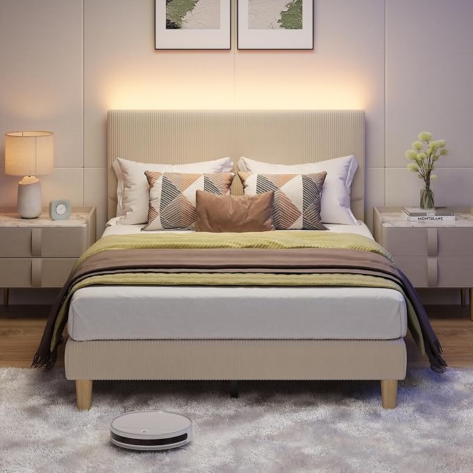 Bestier Full Size Bed Frame with Adjustable Headboard,LED Light,Taupe | Wood Slats Support,Easy Assembly,LED Lighting Headboard,No Squeaks,Vertical Channel Corduroy Upholstered,No Box Spring Needed