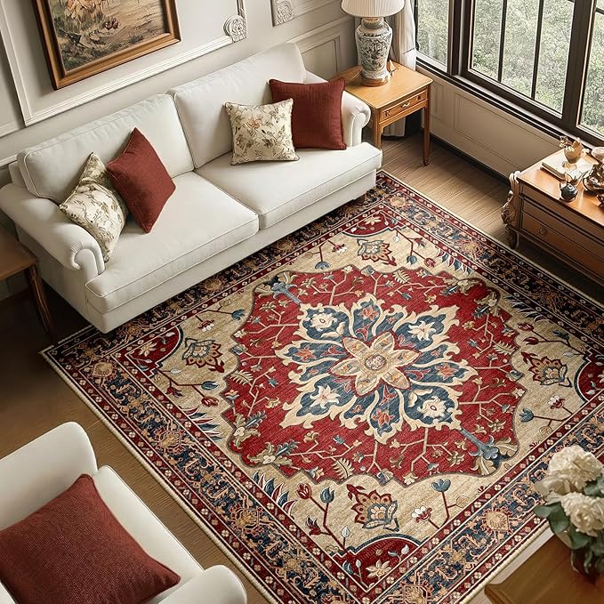 RELEANY Washable Area Rug, Square 6'x6', Red/Blue | Non-Slip, Water Repellent, Pet Friendly, Easy to Clean, Vintage Floral Boho Decor for Living Room Bedroom Dining Room Office