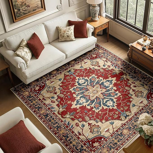 RELEANY Washable Area Rug, Square 6'x6', Red/Blue | Non-Slip, Water Repellent, Pet Friendly, Easy to Clean, Vintage Floral Boho Decor for Living Room Bedroom Dining Room Office