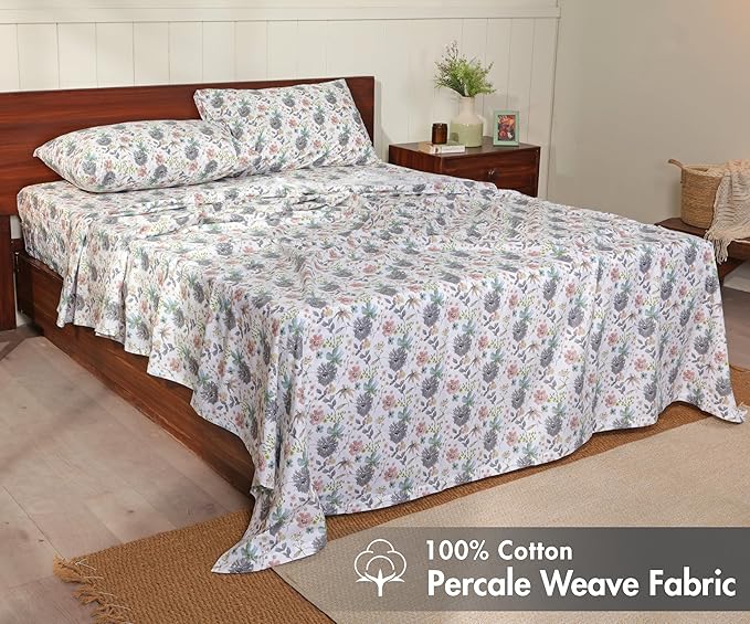 RUVANTI 100% Cotton Percale Sheets King Size, Dandelion Field | Crisp Cooling, Deep Pocket 16", Soft Breathable & Durable, Hotel-Style, 4 Piece Set