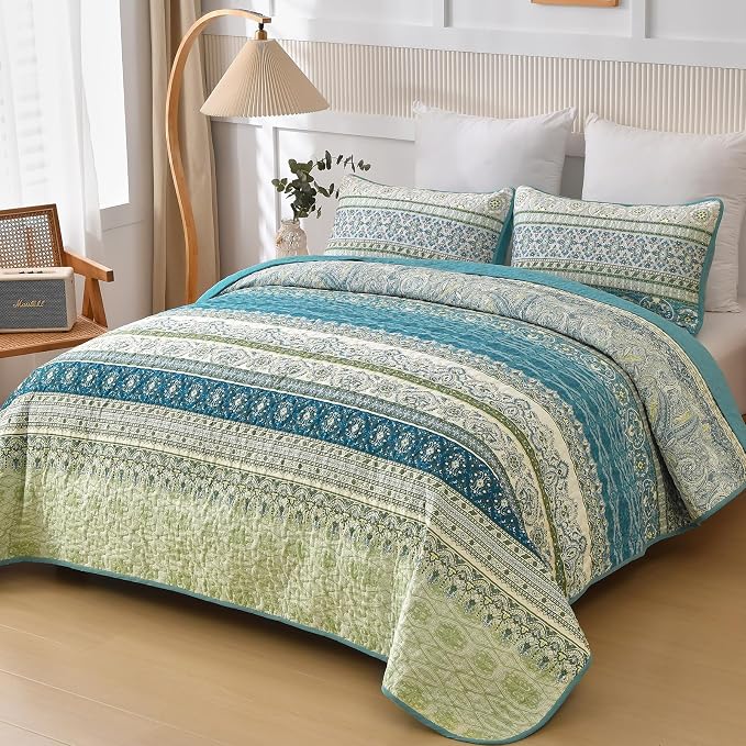 WONGS BEDDING Boho Quilt Queen Size,3 Pcs Aqua Bedspread Bedding Set | Colorful Bohemian Striped Printed Bedding for All Season, Lightweight Microfiber Coverlet Set with 2 Pillowcases(96"x90")
