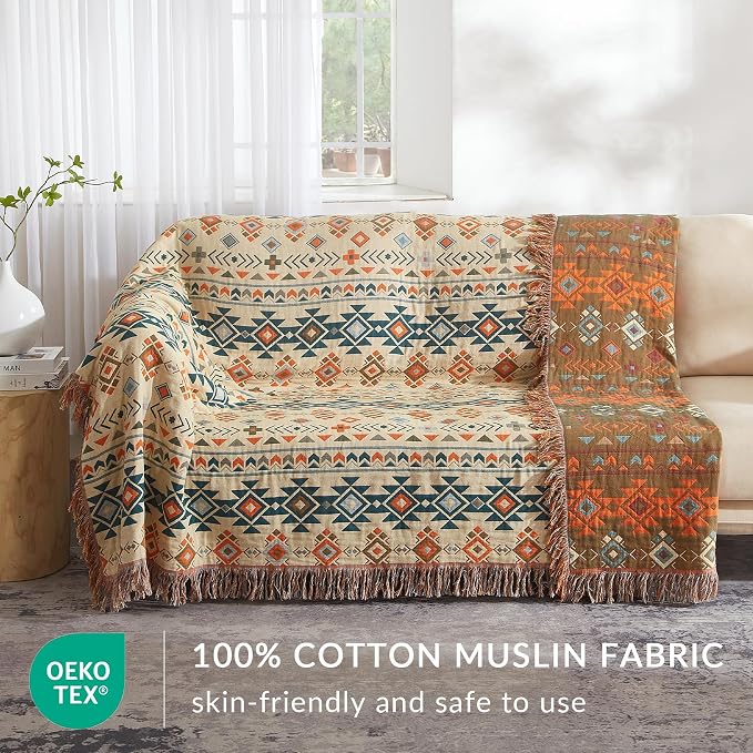 Boho Throw Blanket for Couch Sofa Bed, 100% Cotton Woven Quilt with Tassel 60”x80”, Super Soft Muslin Blanket with Patchwork Printed, Decorative Reversible Bed Blanket/Cover for All Seasons