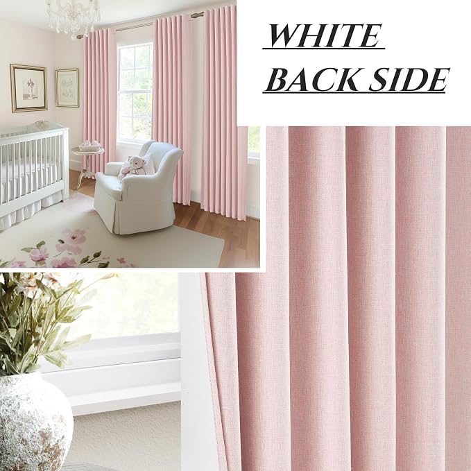 Pink Thick Linen Thermal Blackout Curtains 96 Inch Long for Winter Insulated, Pleated Elegant Living Room Curtain 2 Panels Set Privacy Decor Window Drapes 8 FT Length 2 Burg (Hooks Rings & Rod Pocket)