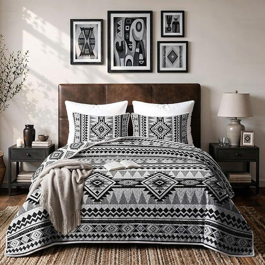 akkialla Reversible Black Boho Twin Quilt Set, 2-Piece Bohemian Aztec Microfiber Bedspread, Soft Lightweight All-Season Coverlet (1 Quilt, 1 Sham)