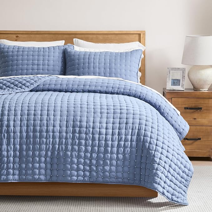 WDCOZY Blue Twin Size Quilt Bedding Sets with Pillow Sham, Lightweight Soft Bedspread Coverlet, Quilted Blanket Thin Comforter Bed Cover, All Season Summer Spring, 2 Pieces, 68x90 inches