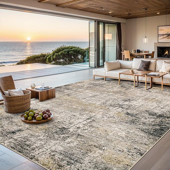 PLHXFR 8x10 Area Rug Living Room: Abstract Washable Carpet Brown Black | For Bedroom Dining Room Farmhouse Nursery Home,Machine washable,Non Slip,Large Soft Neutral,Stain Resistant, Indoor Floor