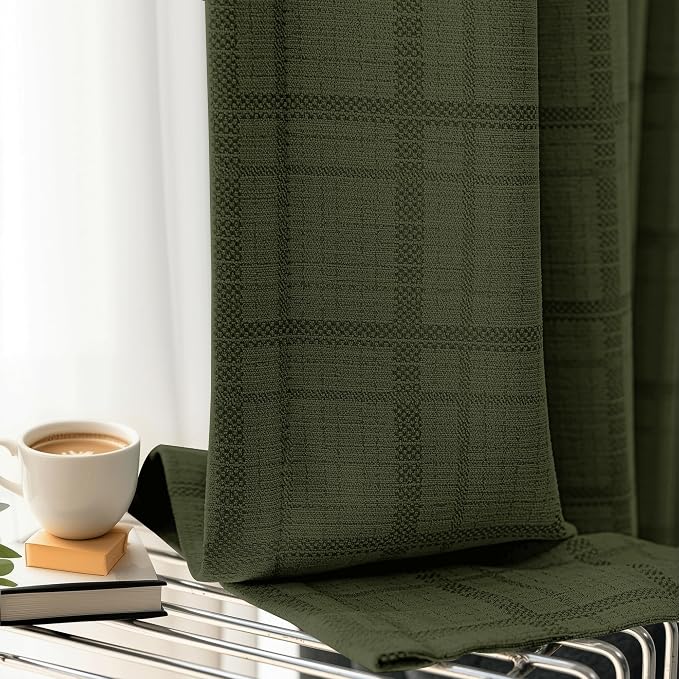 Beauoop Green Plaid Jacquard Blackout Curtains for Bedroom 52x63 2 Panels | Gingham Checkered Room Darkening Drapes for Living Room 63 Inch Long Thermal Insulated Soundproof Window treatment Grommet