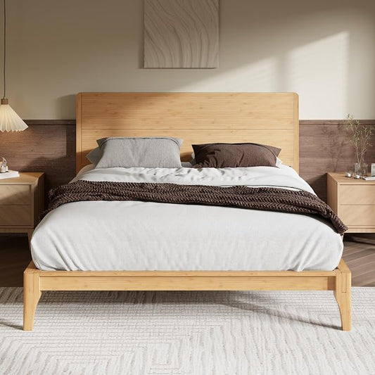 Merax Full Size Bamboo Platform Bed Frame with Tall Headboard, Natural | Mid-Century Modern Solid Bedframe Full-Size, Wood Slat Support, No Box Spring Needed, Easy Assembly, Noise Free