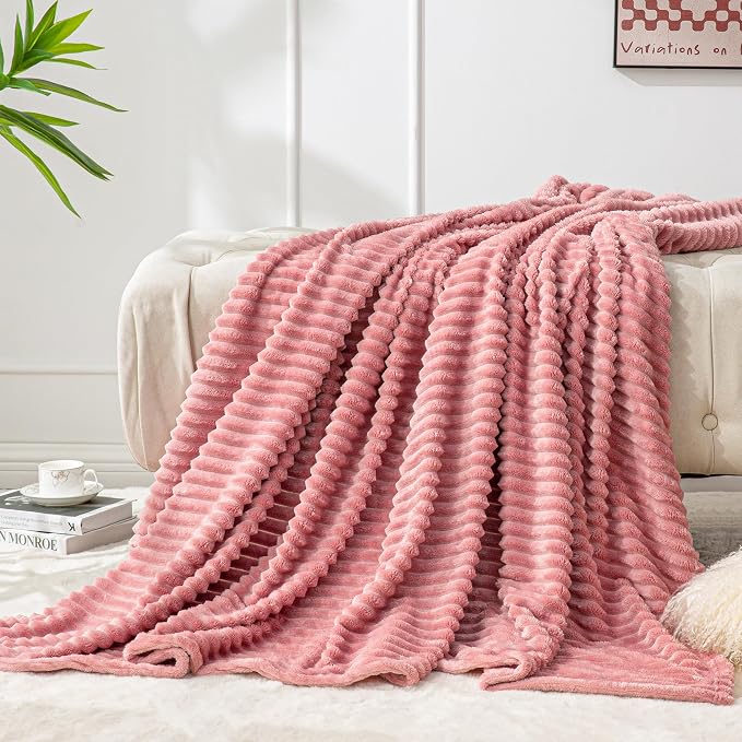 BEDELITE 3D Ribbed Jacquard Pink Fleece Twin Blanket for Couch, 60x80 Inch | Soft Warm Fluffy Blanket for Bed Sofa College Dorm Room Decor, Luxury Cozy Plush Birthday Gifts for Women Girls, Lightweight