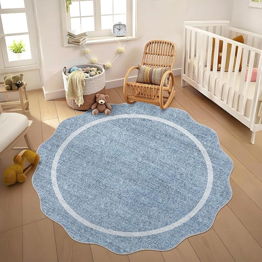 GarveeHome Scalloped Round Rugs 6Ft Washable Area Rug for Playroom, Blue | Kids Non-Slip Neutral Classic Circle Rug Modern Large Carpet Soft Boys Rug for Classroom Dorm Bedroom