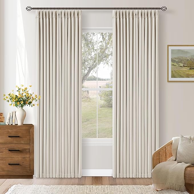 Pleated Cream Ivory 86 Inch Blackout Linen Curtains for Living Dining Room | Pinch Pleat, Boho Farmhouse Natural Linen, 100% Black Out Bedroom Curtains, Thermal Insulated Room Darkening 2 Layer Design