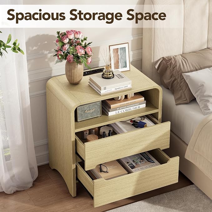 Decofy Nightstand Set of 2 with Charging Station & 2 Drawers, Light Oak | Mid Century Modern Curved Nightstands with Built-in Charging Station, Storage Space and 2 Hidden Handle Drawers