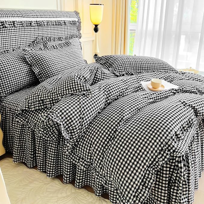 LifeTB Black Gingham Comforter Set Full Size Ruffle Plaid Checkered Pattern Comforter Farmhouse Plaid Gingham Bedding Comforter Set with 2 Pillowcases Luxury Soft Fluffy Grid Bedding Set Full Size