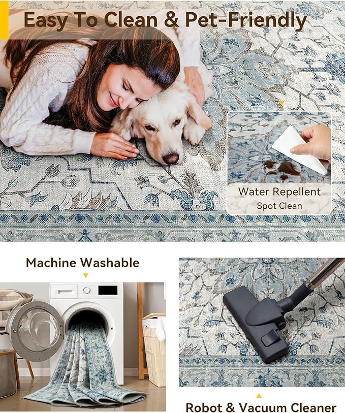 RELEANY Washable Area Rug, Runner 2'x5', Blue/White/Gray | Non-Slip, Water Repellent, Pet Friendly, Easy to Clean, Vintage Floral Boho Decor for Kitchen Entry Bedroom Bedside Laundry