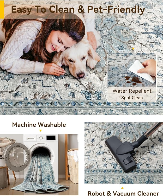 RELEANY Washable Area Rug, 3'x5', Blue/White/Gray | Non-Slip, Water Repellent, Pet Friendly, Easy to Clean, Vintage Floral Boho Decor for Living Room Bedroom Beside Kitchen