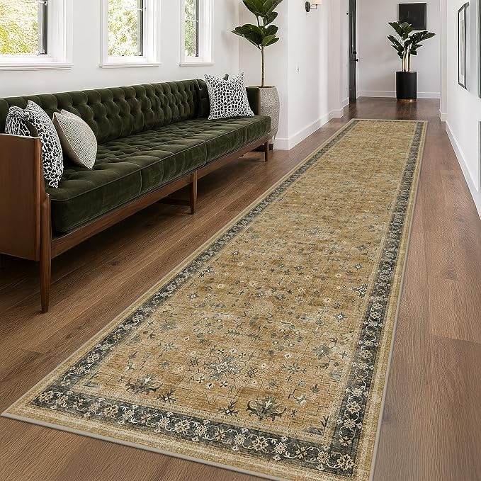 Washable 2x10 Entryway Long Runners for Hallways, Kitchen Floor Mat for Indoor Entrance, Vintage Rustic Brown and Charcoal Olive Decor, Non-Slip Stain Resistant Low-Pile Throw Rug