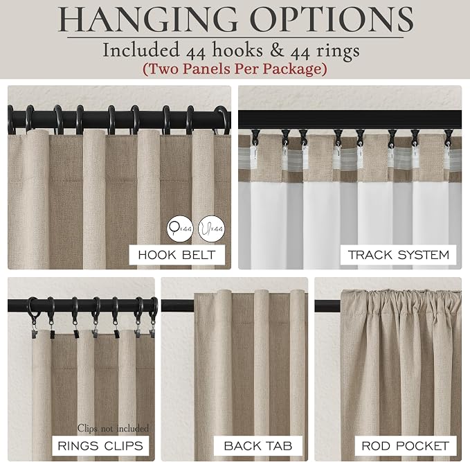 Extra Wide 60 Inch Blackout Curtains 96 Inches Long for Living Room, Rustic Boho Room Darkening Textured Linen Pleated Insulated Ceiling Track Large Window Drapes (60"W x 96"L 2 Panels Grey Beige)