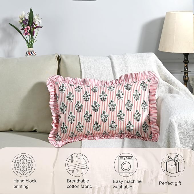 Ridhi Block Print Salmon Blossom Ruffle Lumbar Pillow Shams, 20" x 12" | 100% cotton, Floral Pillowcase, Cushion Cover, Hidden Zipper, Cottagecore Bedding, farmhouse boho style, fits couch, sofa,Bed