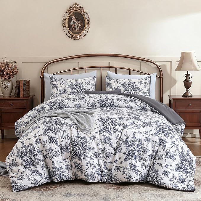 JANZAA Queen Size Comforter Set - Black Peony Floral Shabby Chic Bedding | 3 Piece Cute Floral Bedding for All Season, 1 Soft Fluffy Breathable Microfiber Comforter Set with 2 Pillowcases