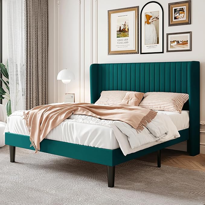 SHA CERLIN Full Size Velvet Bed Frame, Tufted Wingback Headboard, Teal | 47'' Modern Vertical Channel Headboard, Upholstered Platform Bed, Wood Slats, No Box Spring Needed, Easy Assembly, Noise Free