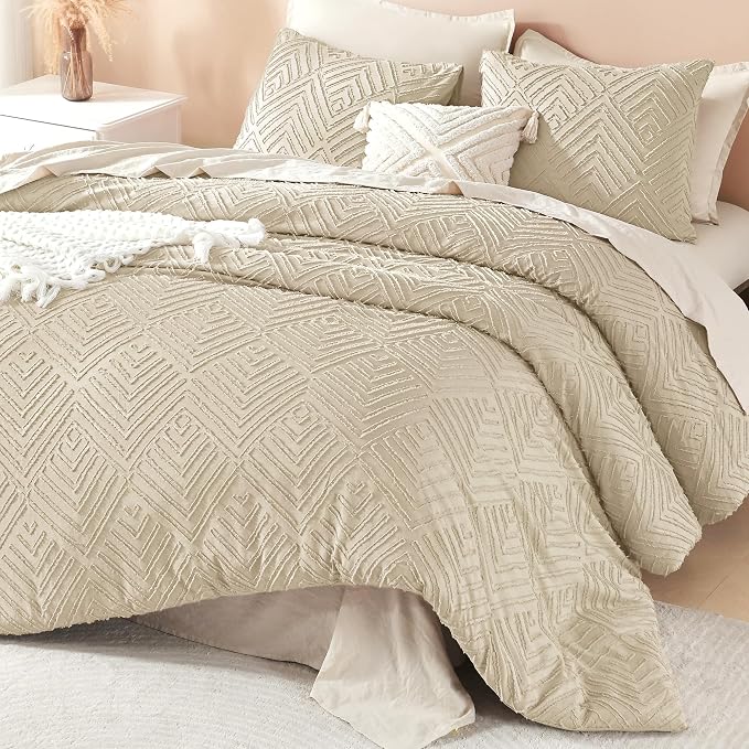 Litanika California King Comforter Set, 3 Pcs Khaki Tufted Boho Bedding Set | Farmhouse Shabby Chic Vintage Bohemian Textured Aesthetic Soft Fluffy Lightweight Breathable All Season Bed Set