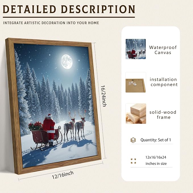 Framed Christmas Pictures Wall Decor, Santa Delivering Christmas Gifts Canvas Prints, Winter Holidays Pine Trees Wall Art, Christmas Snow Scene Santa Reindeer Decorations – 12x16in