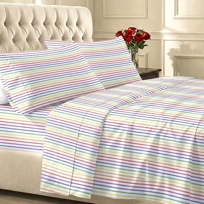 California Design Den Soft 100% Cotton Sateen Twin Size Bedsheets Set, 3 Pc | 400 Thread Count Backed by Good Housekeeping Seal, All-Around Elastic, Durable, Easy Care - Rainbow Stripe Print