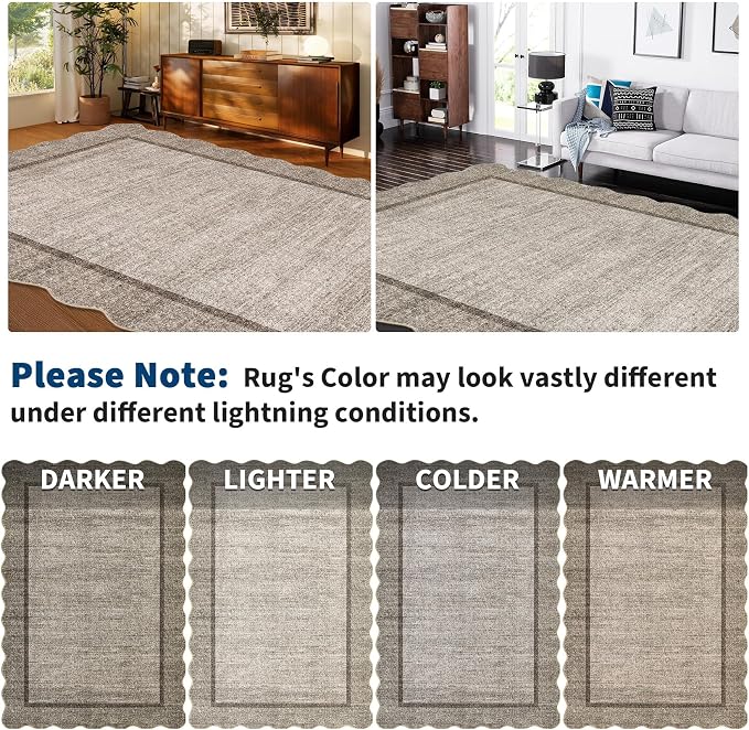 GarveeHome Small Area Rug 2x3 Scalloped Entry Rug Washable, Brown | Modern Kitchen Rugs Solid Bedroom Doormat Non Slip Stain Resistant Bordered Throw Carpet for Living Room Nursery Laundry