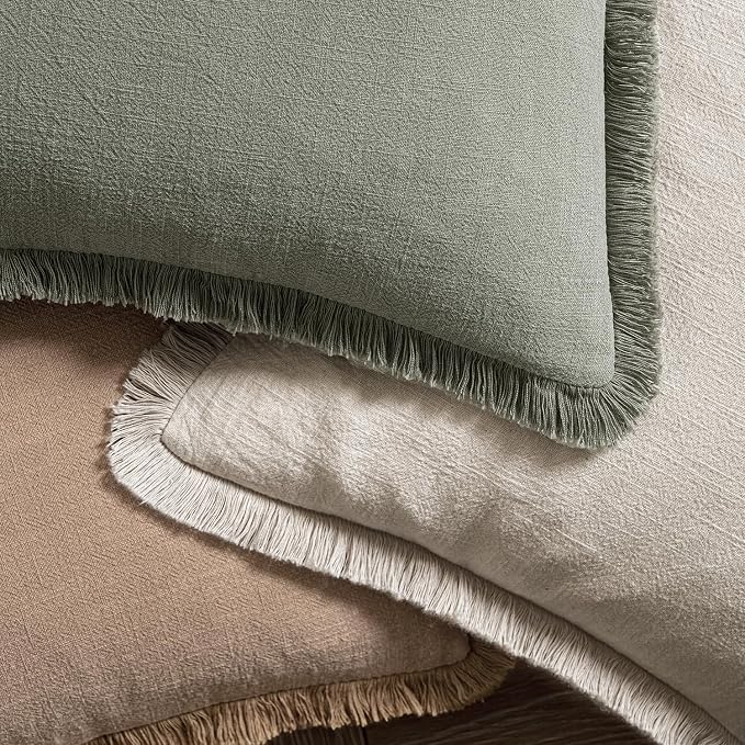 MIULEE Linen Decorative Euro Throw Pillow Covers Natural Beige 28x28 | Set of 2, Cottagecore Decor, Boho Farmhouse Neutral Pillow Covers, Rustic Fringe Couch Cushions for Sofa Bed Living Room
