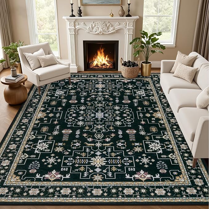 9x12 Area Rugs Living Room: Washable Vintage Rug for Bedroom Black | Vintage No Slip Stain Resistant Rug Soft Indoor Decor Floor Floral Area Rugs for Dining Room, Nursery, Hallway, Home Office