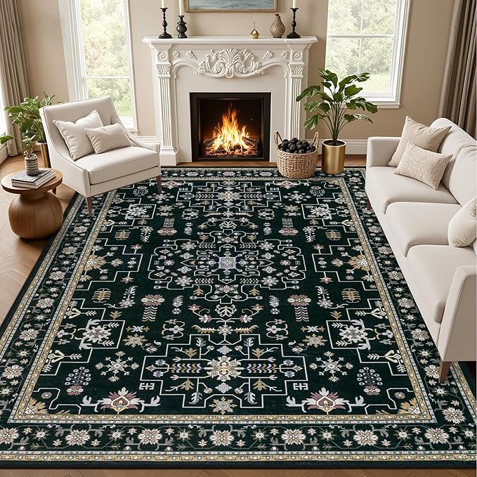 8x10 Area Rugs Living Room: Washable Vintage Rug for Bedroom Black | Boho No Slip Stain Resistant Rug Soft Indoor Decor Floor Floral Area Rugs for Dining Room, Nursery, Hallway, Home Office