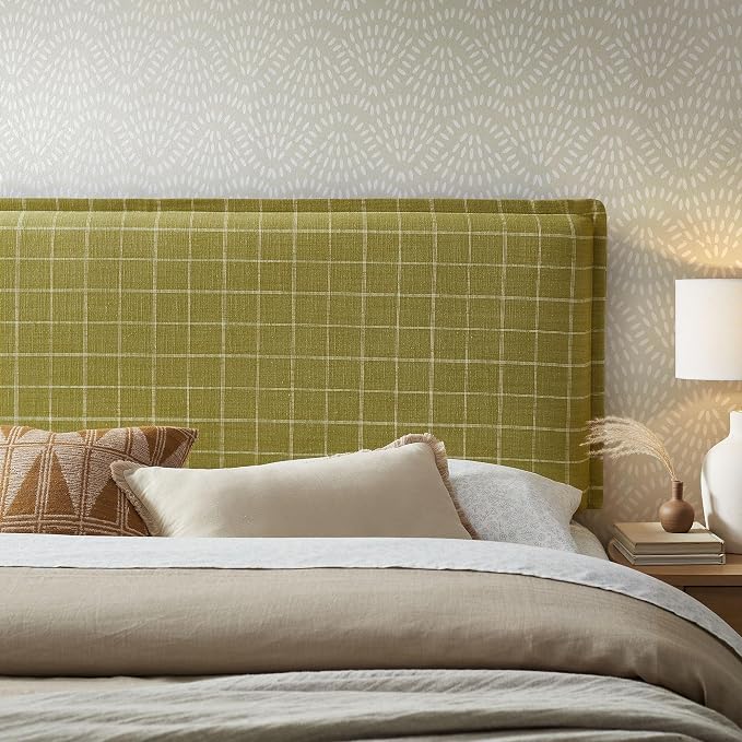Modway Camille King Size Checkered Linen Blend Plaid Headboard with Removable Slipcover – in Artichoke Windowpane Check - Padded Pillow Style Headboard with Adjustable Mounting for King Beds