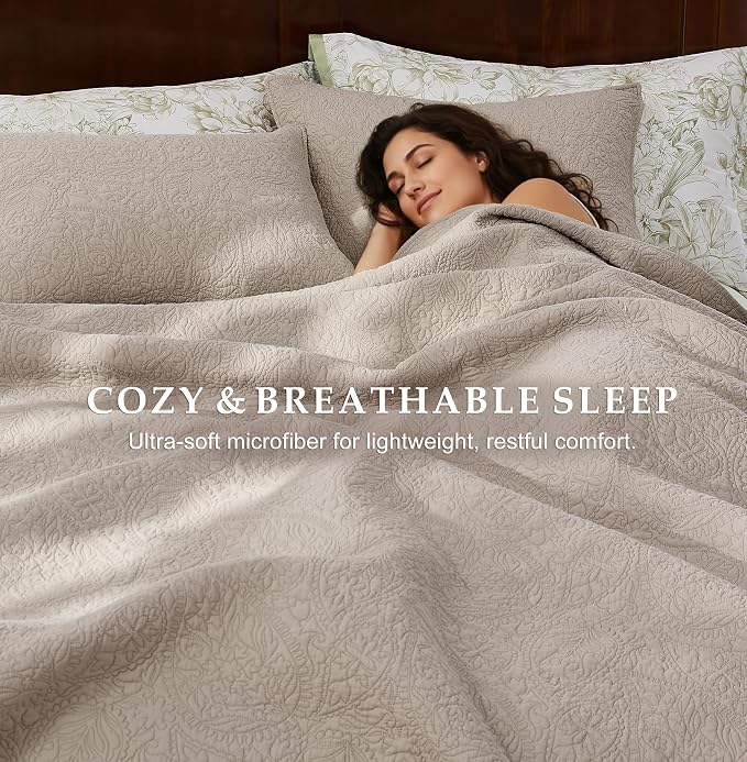 WDCOZY King 100% Cotton Paisley Quilt Bedding Set Beige Comforter | Pre-Washed Thin Farmhouse Bedspread, 106"x96" Coverlet + 2 Shams 20"x36", Soft Lightweight, All-Season, Textured Like Linen
