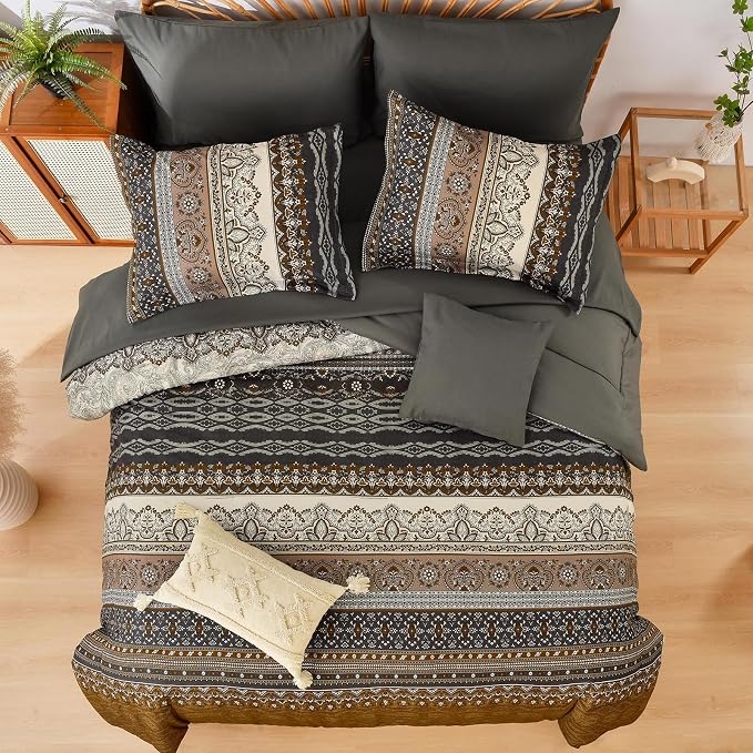 Cottolester Boho Comforter Set Full Size 8 Pieces,Brown Black Bohemian Comforter Paisley Striped Bed in A Bag,Soft Microfiber Bedding Set for All Season