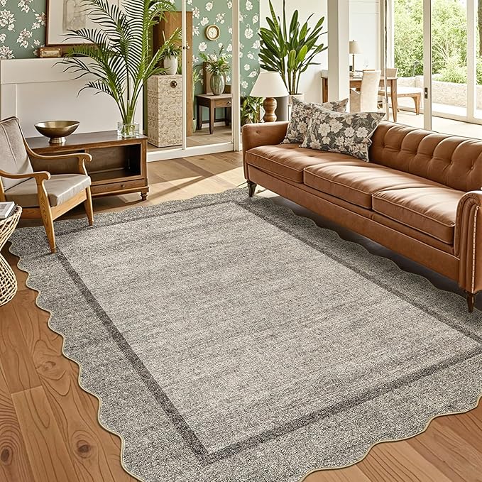 GarveeHome Scalloped Washable Rug 6x9 Rugs for Living Room Non Slip Brown | Modern Brown Nursery Rug Large Area Rug for Bedroom Throw Rugs Soft Low Pile Stain Resistant Carpet for Classroom