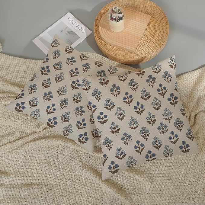 Blue Brown Pillow Covers 16x16 Inch 2 Pcs Block Print Vintage Floral Decor Throw Pillows Boho Flower Spring Summer Outdoor Seasonal Decoration Pillowcase Linen Cushion Cover for Couch Sofa