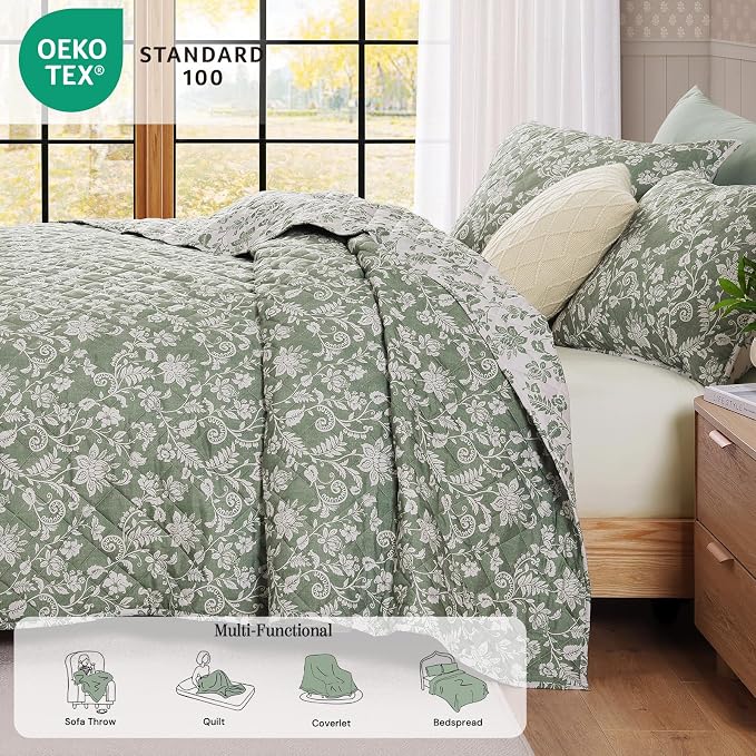 California King Quilt Set-3 Pieces Soft Bedding Floral Reversible Coverlet | All Seasons Lightweight Quilts Queen Size for Bed, Breathable Vintage Bedspread with Shams, Green