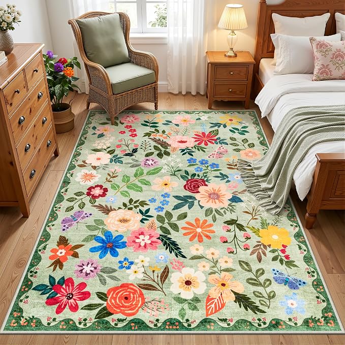 PLHXFR Area Rug Living Room: 3x5 Floral Washable Boho Soft Carpet Green | For Bedroom Dining Room Farmhouse Nursery Hallway,Vintage Floral,Machine washable,Non Slip,Stain Resistant,Large Indoor