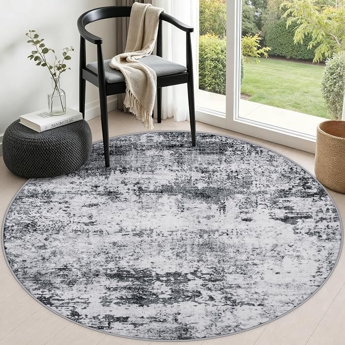 Round Area Rug Living Room: 5 ft Modern Washable Carpet Grey | For Bedroom Dining Room Farmhouse Nursery Hallway Office,Modern Abstract,Machine washable,Non-Slip,Stain Resistant,Indoor