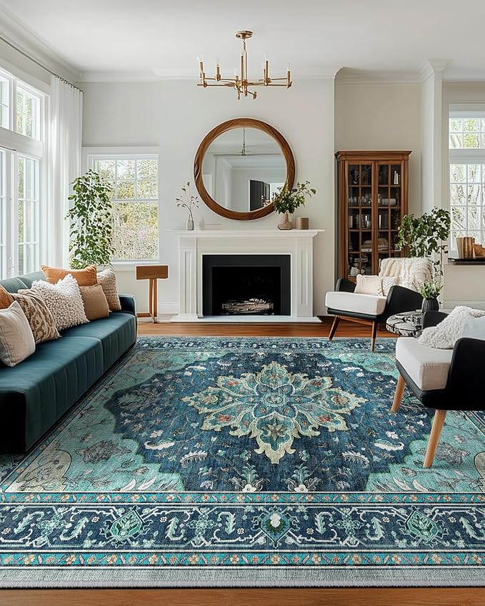 RELEANY Washable Area Rug, Large 10'x12', Teal | Non-Slip, Water Repellent, Pet Friendly, Easy to Clean, Vintage Floral Boho Decor for Living Room Bedroom Dining Room
