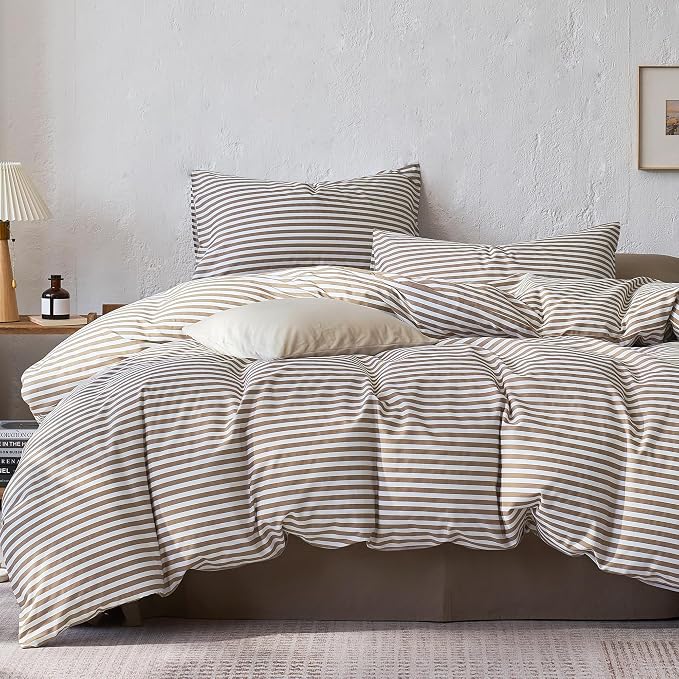 JELLYMONI 100% Cotton Printed Striped King Duvet Cover Set, Tan | Breathable and Soft, Classic Stripes, 8 Corner Ties & Double-Head Hidden Zipper, For Master or Guest Bedroom