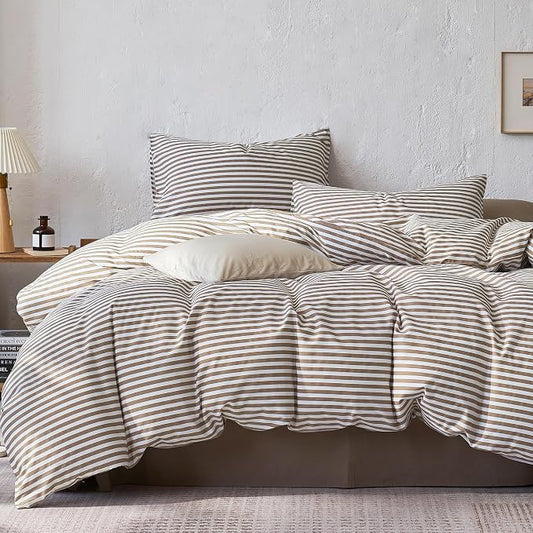 JELLYMONI 100% Cotton Printed Striped King Duvet Cover Set, Tan | Breathable and Soft, Classic Stripes, 8 Corner Ties & Double-Head Hidden Zipper, For Master or Guest Bedroom