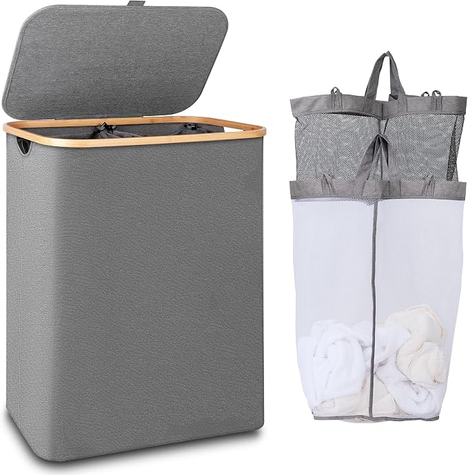 IEGrow Laundry Hamper with Lid,150L Laundry Basket with 2 Mesh Bags,Grey | Dirty Clothes Hamper Basket with Bamboo Handle for Clothes Towels