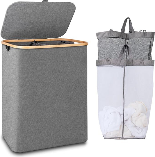 IEGrow Laundry Hamper with Lid,150L Laundry Basket with 2 Mesh Bags,Grey | Dirty Clothes Hamper Basket with Bamboo Handle for Clothes Towels