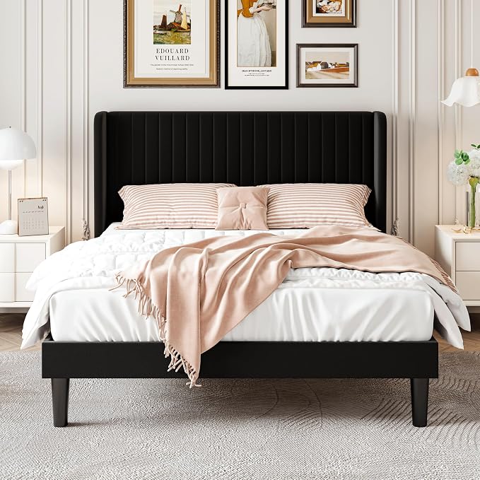 SHA CERLIN Queen Size Velvet Bed Frame, Tufted Wingback Headboard, Black | 47'' Modern Vertical Channel Headboard, Upholstered Platform Bed, Wood Slats, No Box Spring Needed, Easy Assembly, Noise Free
