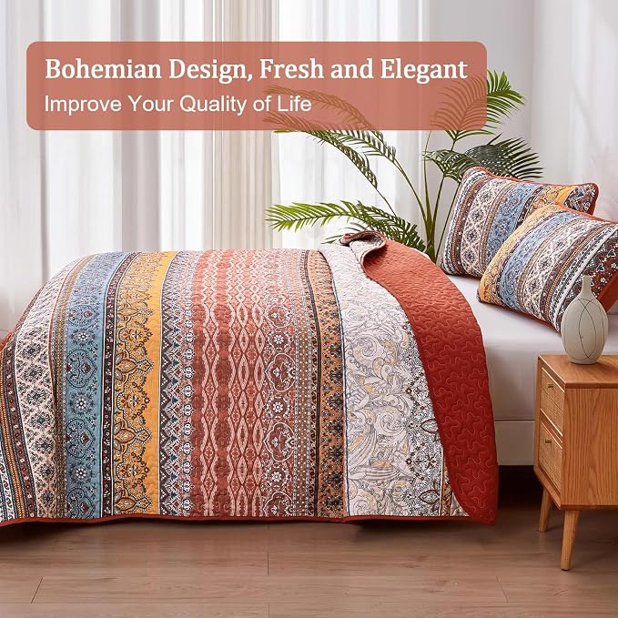 WONGS BEDDING Boho Quilt Queen Size,3 Pcs Bedspread Set, Burnt Orange | Colorful Bohemian Striped Printed Bedding for All Season, Lightweight Microfiber Coverlet Set with 2 Pillowcases(96"x90")
