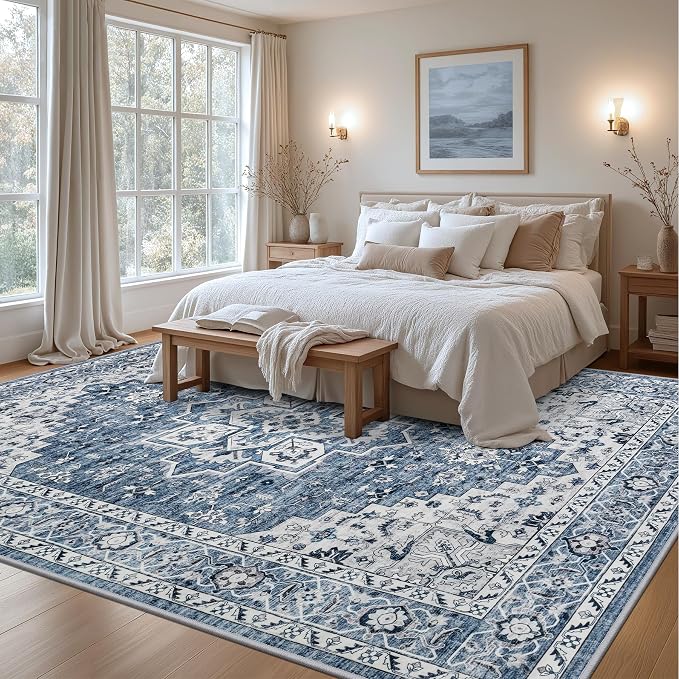 9x12 Area Rugs Living Room: Washable Vintage Rug for Bedroom Blue | Vintage No Slip Stain Resistant Rug Soft Indoor Decor Floor Floral Area Rugs for Dining Room, Nursery, Hallway, Home Office